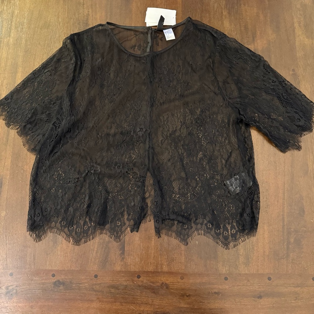 H&M Black Floral Lace Sheer Button Back Top Eyelash Trim Size 12 NEW